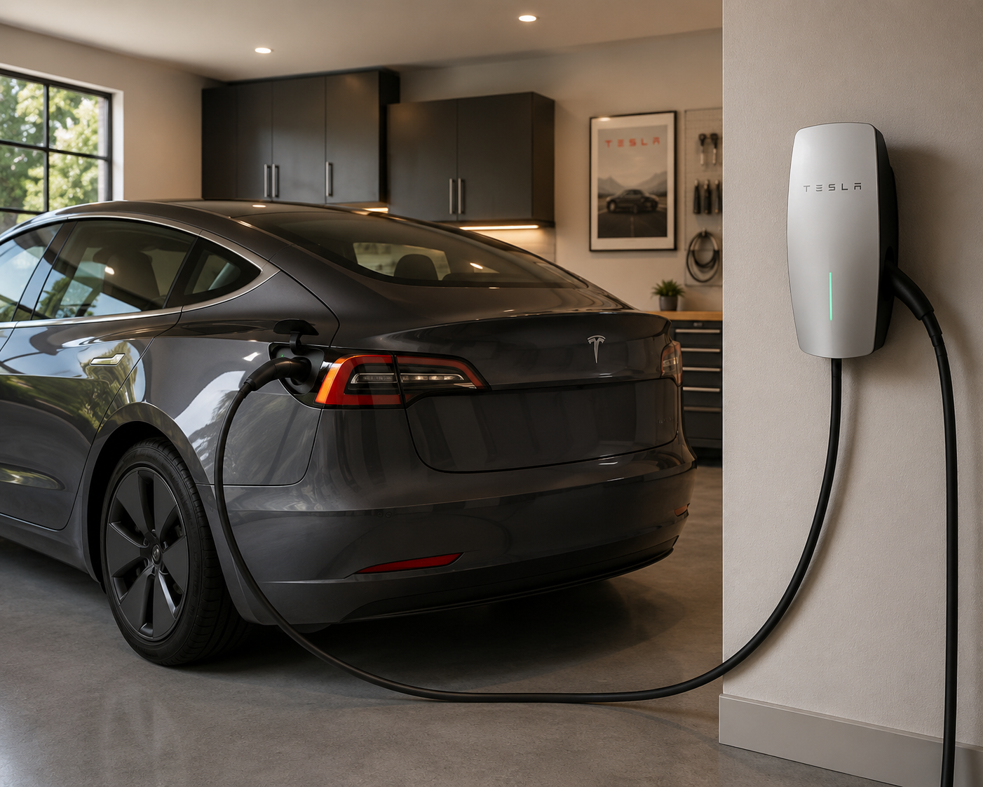 A gray Tesla electric car parked in a garage, plugged into a wall-mounted Tesla charging station, with a window showing trees outside.