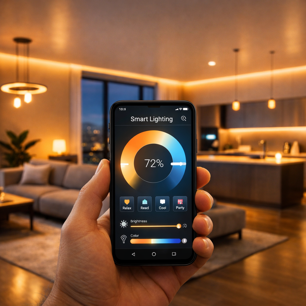 A person holding a smartphone controlling smart lighting in a modern living room with warm ambient lighting, a sofa, and large windows.