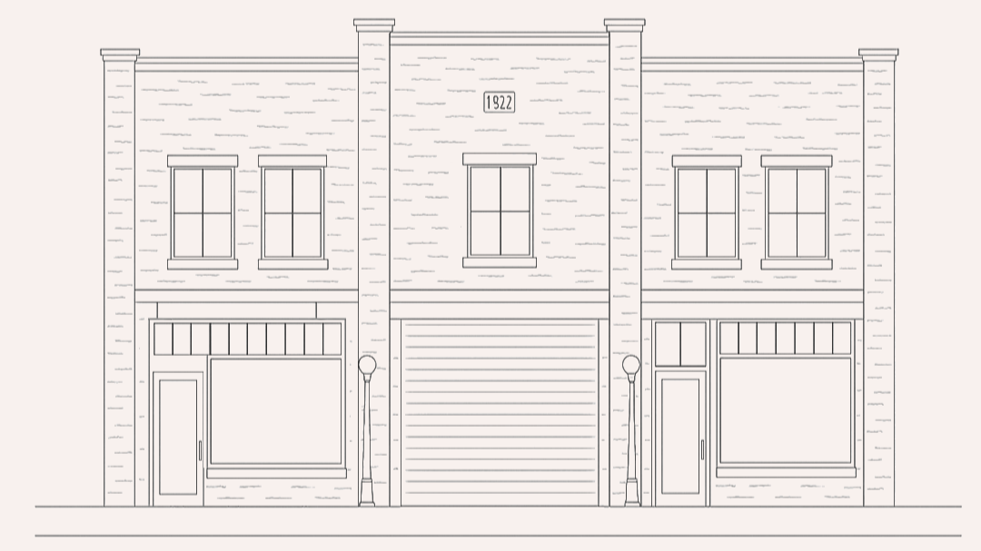 Line drawing of a two-story commercial building with a central garage door, two shop windows with doors to the left and right, and four upper-floor windows, with a small sign numbered '1822' on the facade.