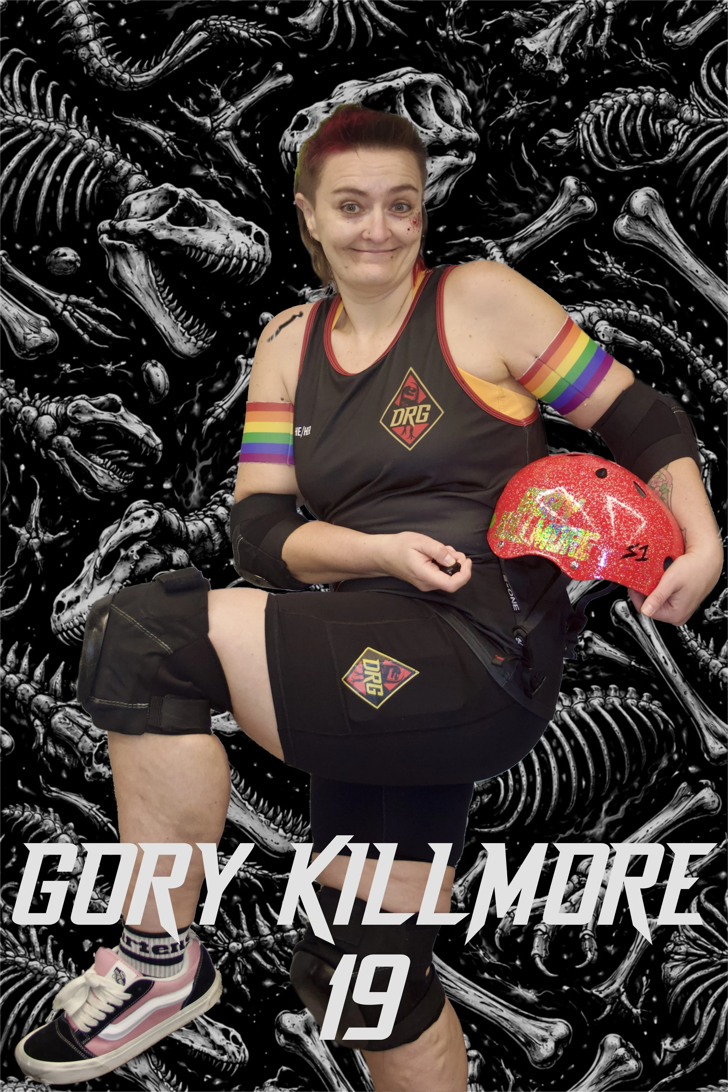 A woman wearing a pink helmet with black checkered pattern, a black sleeveless sports top, and a multicolored sports bra, standing with a confident smile. She has some facial bruising and scratches, and a tube or bandage on her arm. The background features dinosaur fossils and bones, and there is a logo with a dinosaur and the letters "DRG" on her top, along with the number "19" in the bottom left corner.