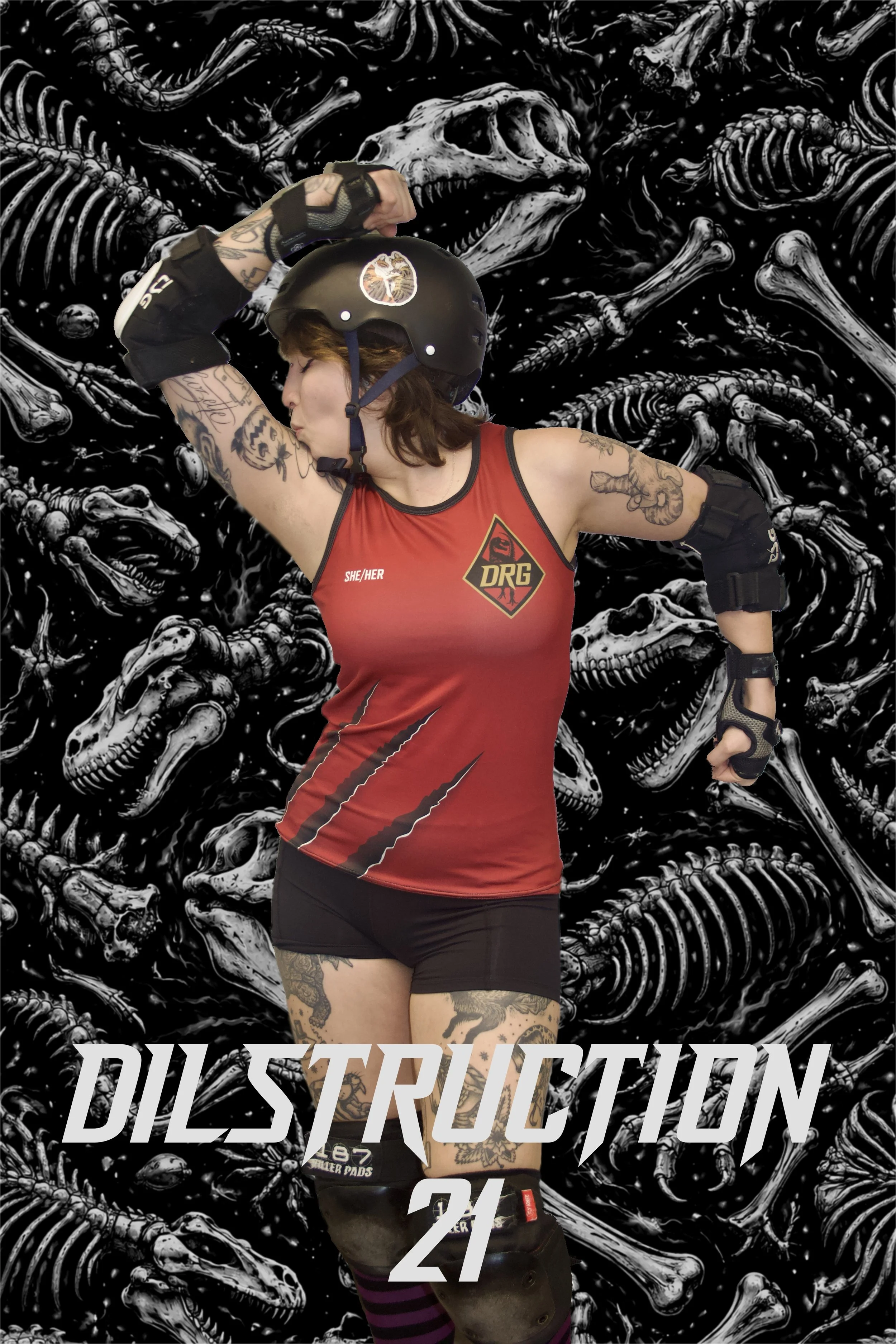 Woman in protective gear roller skates indoors on a roller skating rink.