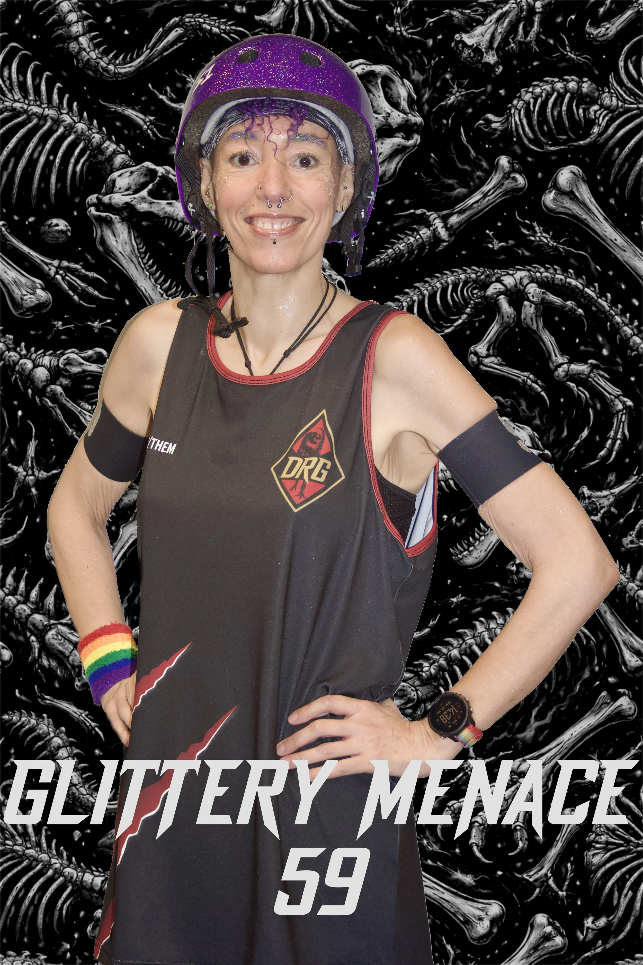 A smiling woman wearing a helmet, with tattoos and piercings, standing in front of a background with dinosaur skeleton illustrations. The image includes the number 59 and a logo with a dinosaur and the letters DRG.