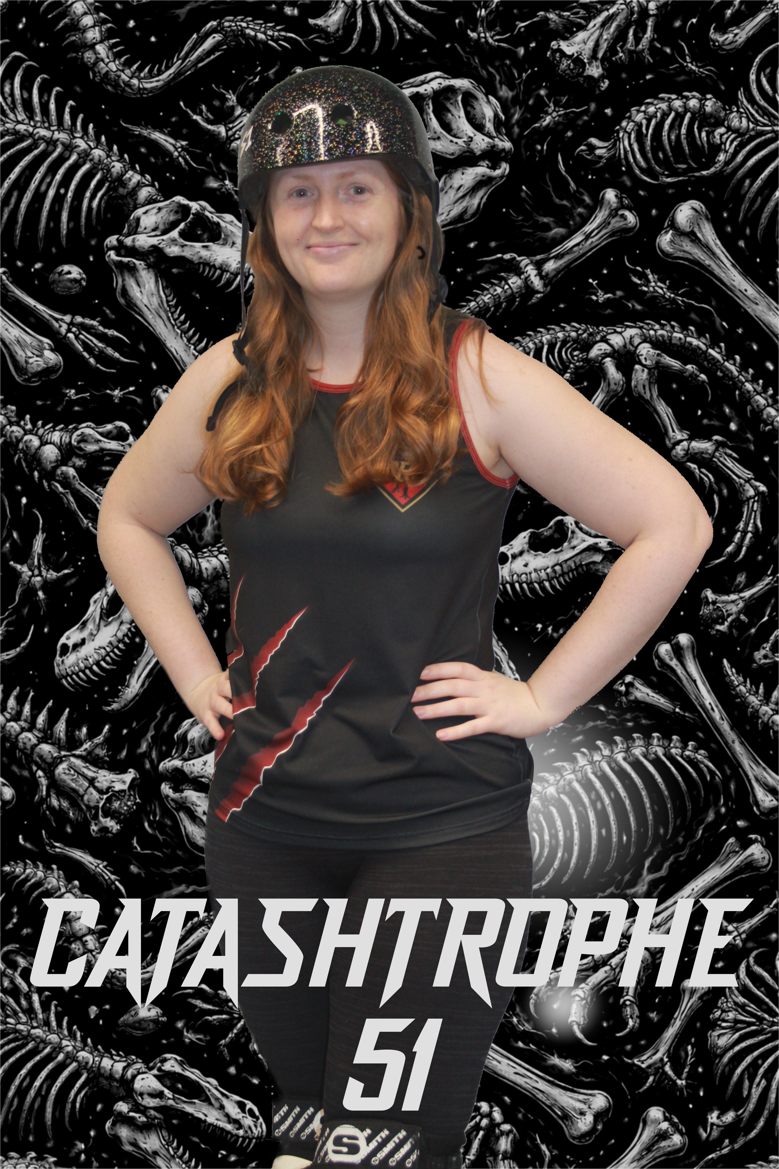 Young woman wearing a shiny black helmet with a black background featuring skeleton and dinosaur illustrations, the number 51 in white text, and a DRG logo with a dinosaur head in a red and black diamond shape.