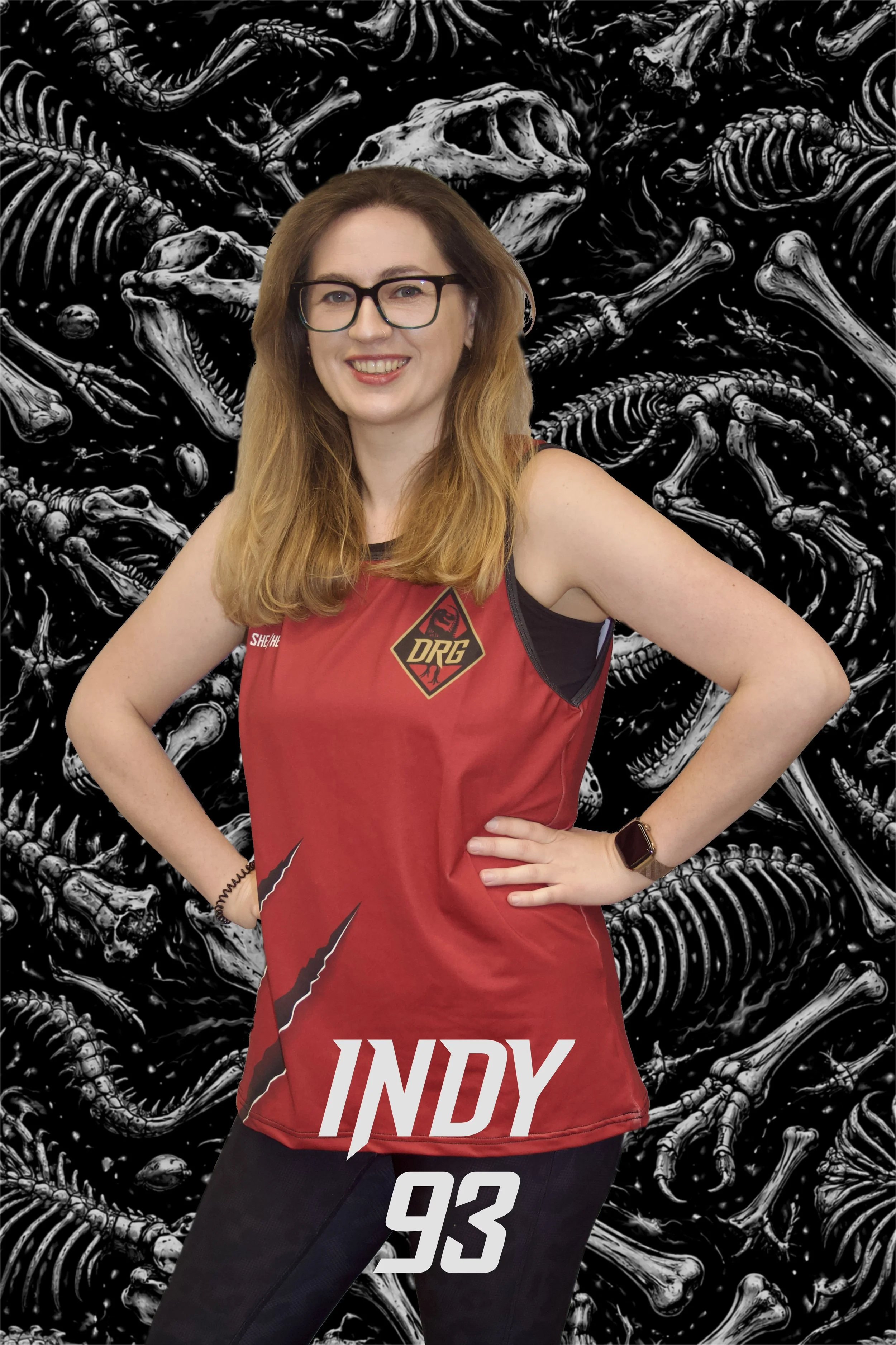 A woman with pink hair, red glasses, and a nose piercing wearing a helmet and a black tank top, smiling in front of a black background with white skeletal illustrations, featuring the number 93 and a logo with a T-Rex skull and the letters "DRG."