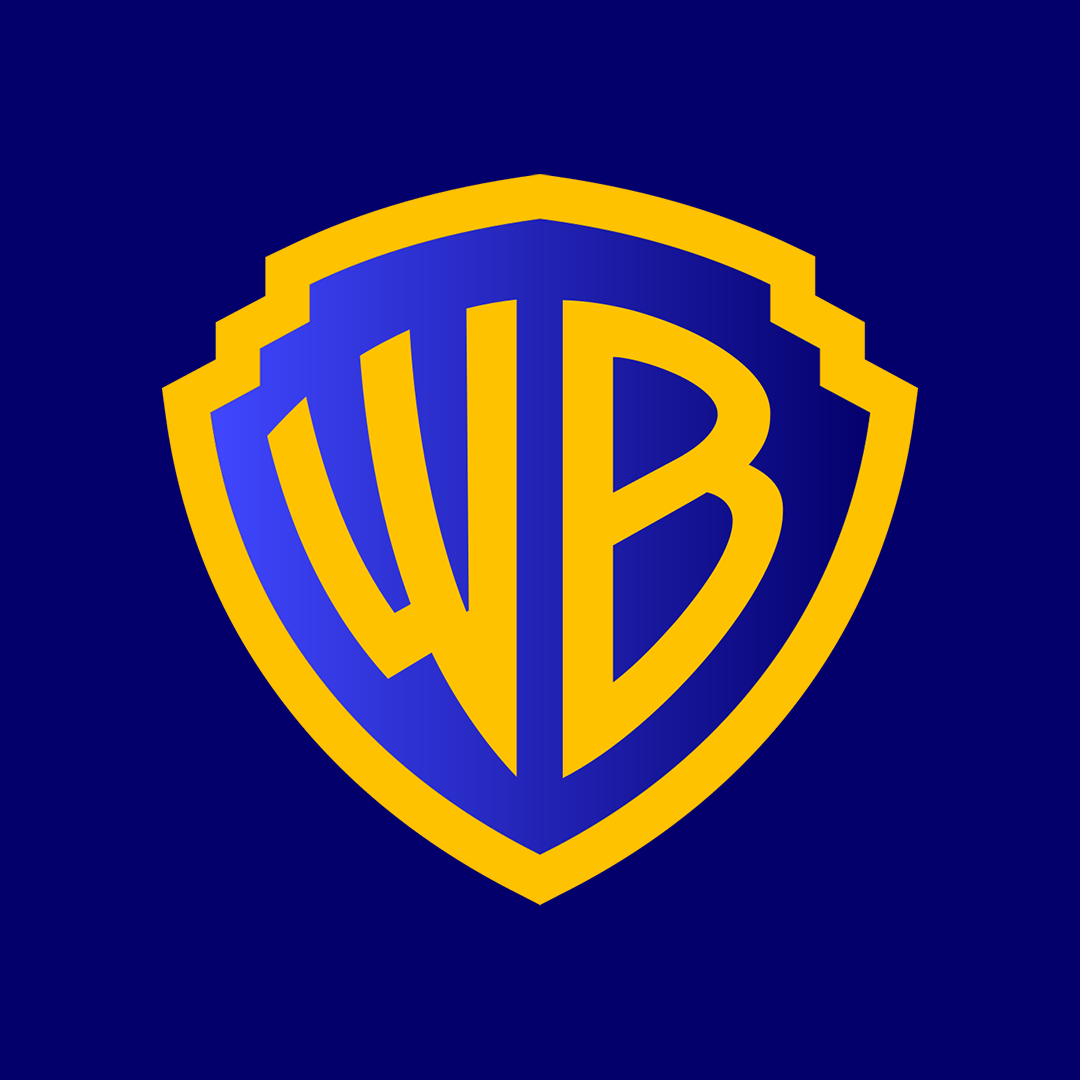 Warner Bros. logo with yellow shield and blue letters on a dark blue background.