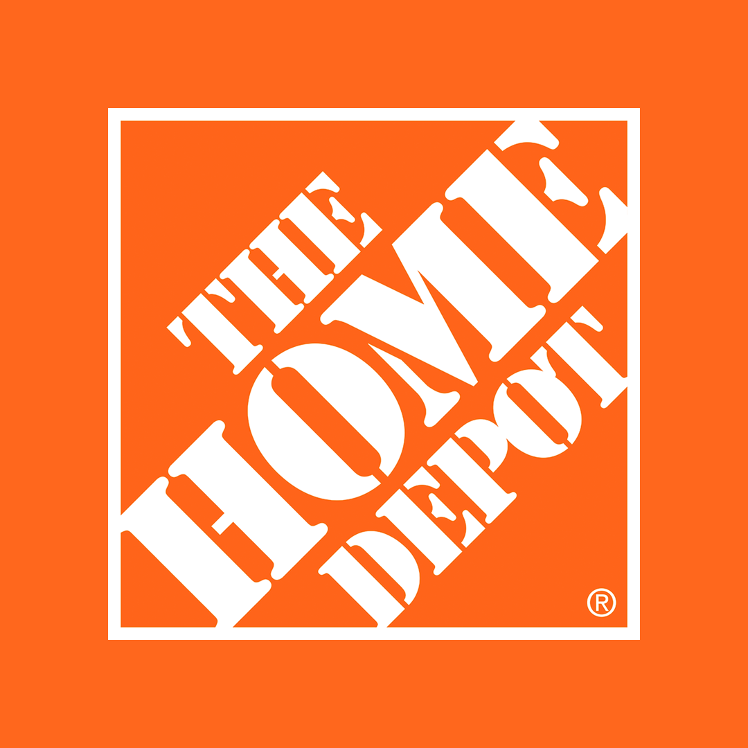 The Home Depot logo with white text and square border on an orange background