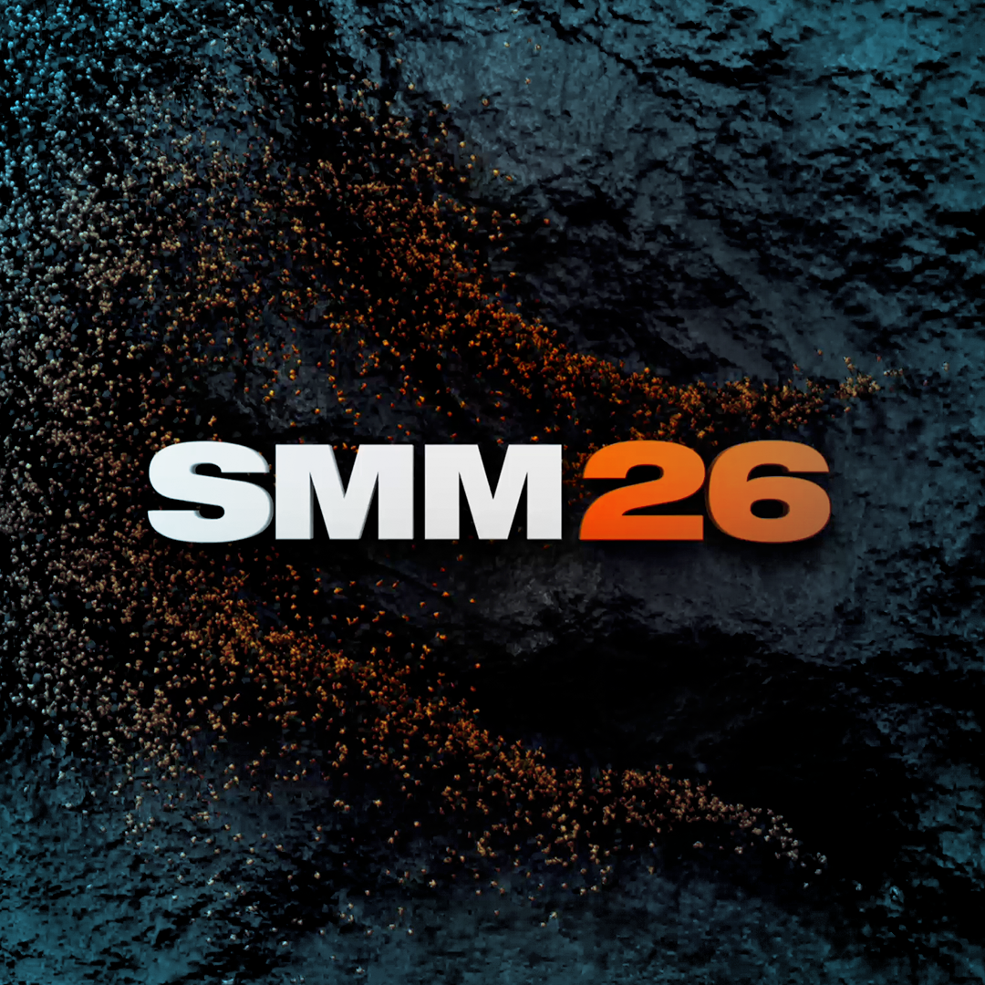 The image features the text 'SMM 26' with 'SMM' in white and '26' in orange, set against a dark textured background with small particles and glowing accents.