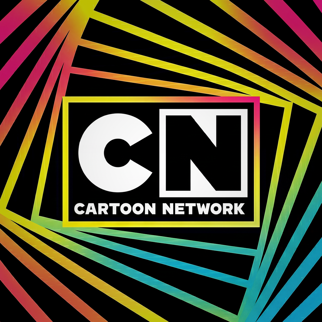 The Cartoon Network logo with a colorful geometric background of alternating black, yellow, pink, orange, green, and blue lines creating a tunnel effect.