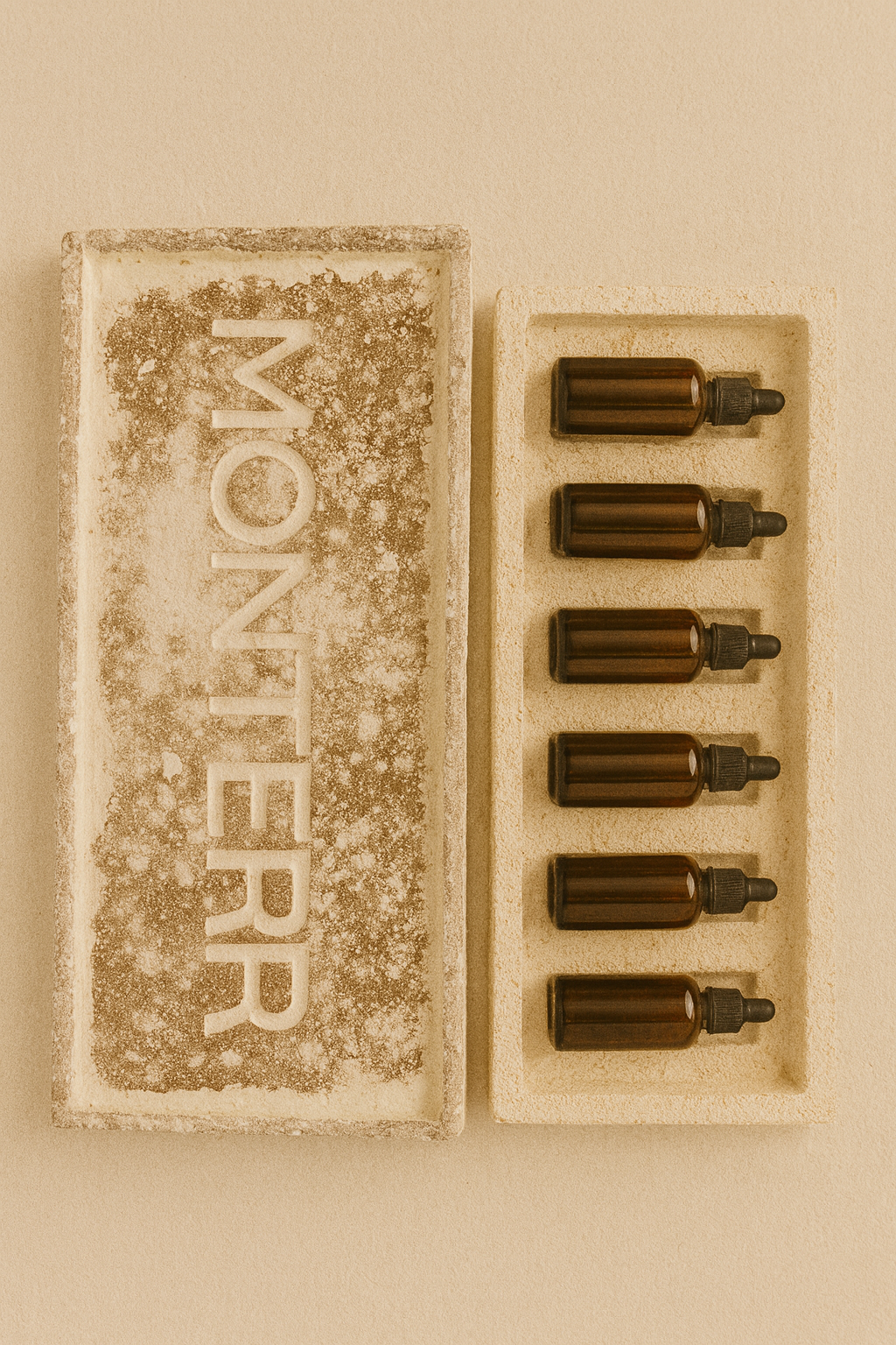 Set of six brown glass dropper bottles of mushroom extracts: tinctures, arranged vertically in a mycelium packaging tray. The tray and its cover, also made of mycelium, display the Monterr branding.