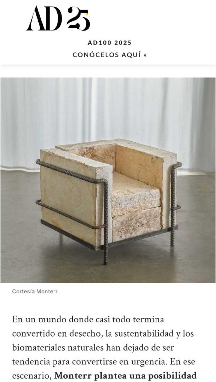 Architectural Digest México feature on Monterr Lab, showing an armchair made from biofabricated mycelium blocks and exposed steel rebar.