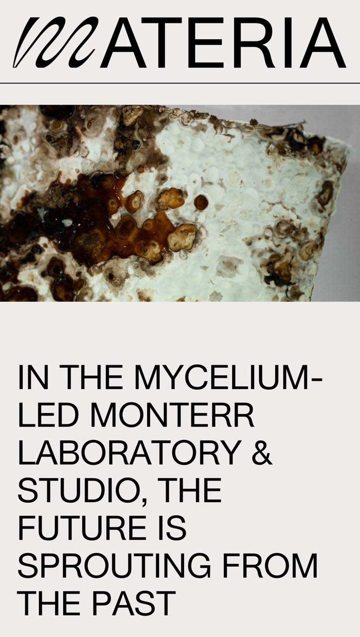 Materia Magazine feature on Monterr Lab, showing a close-up of mycelium biomaterial grown inside its Mexico City laboratory.