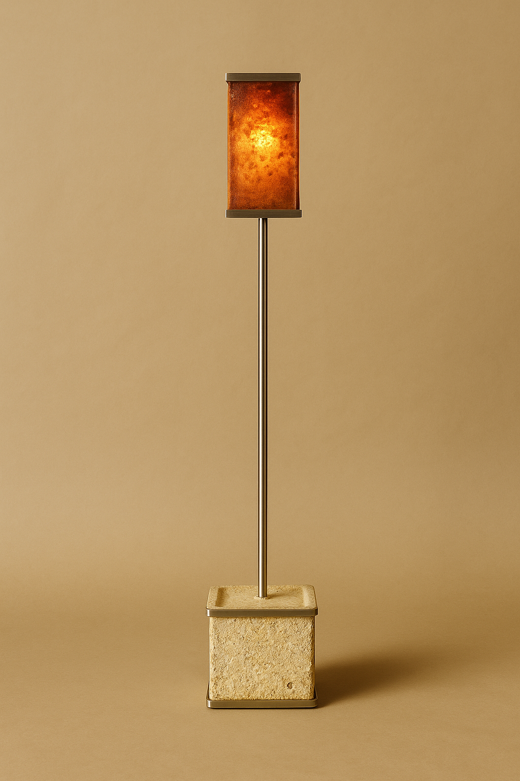 Designer floor lamp by Monterr Studio with a solid mycelium base and a translucent mycelium leather rectangular lampshade, emitting a warm golden light against a beige background.