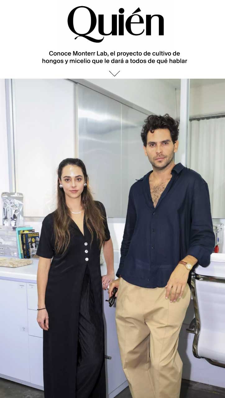 Quién magazine feature with Monterr Lab founders María Monteys and Federico Herrera inside their biomaterials laboratory in Mexico City.