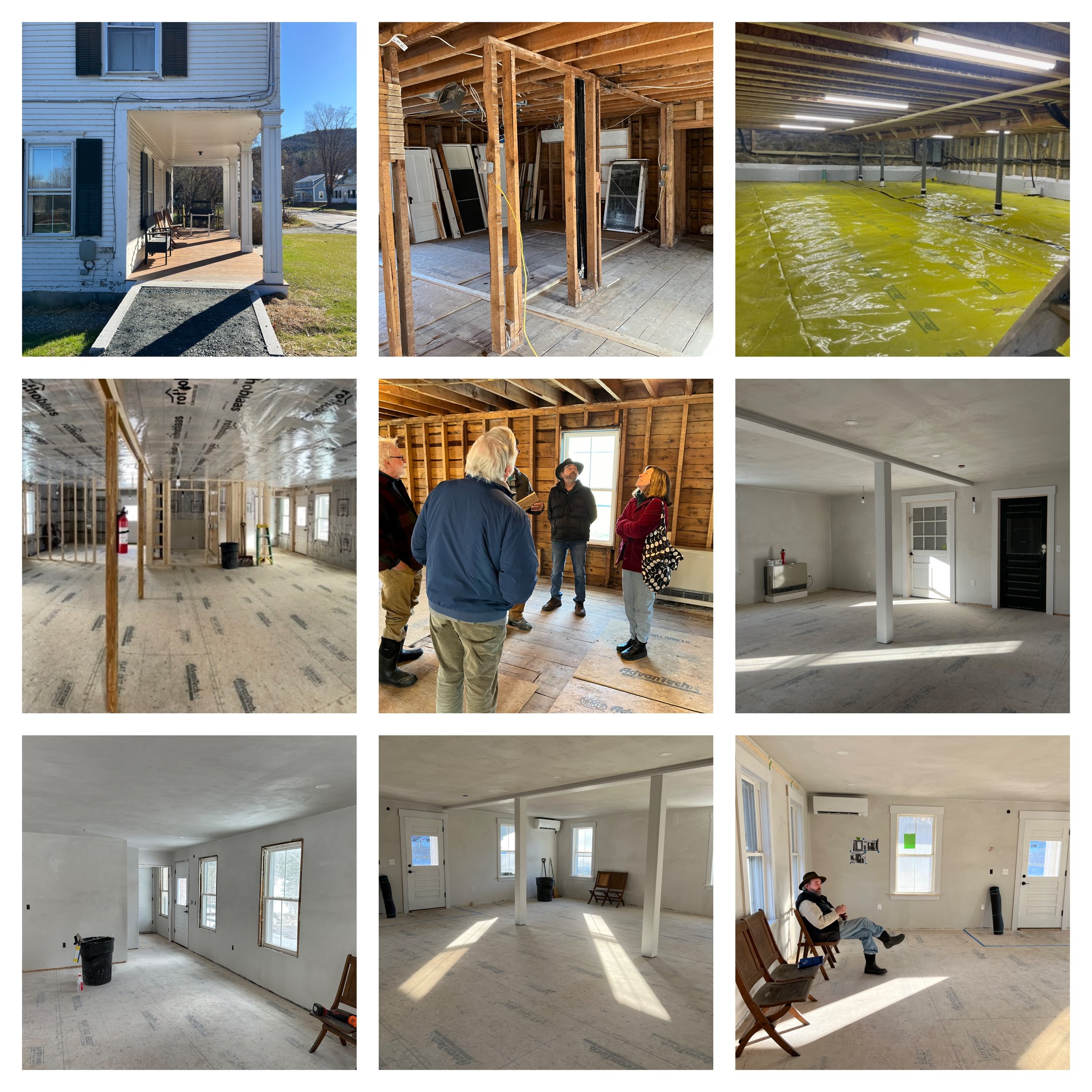 Collage of Strafford Historical Society reconstruction of the former Masonic Hall in South Stratford, Vermont