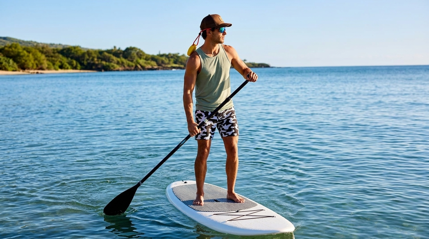 Man paddleboarding on a calm body of water with a landscape of trees and hills in the background.