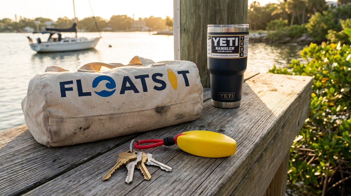 Fender tags, a YETI Rambler tumbler, a yellow float keychain, and a white bag with 'FLOATSIT' logo sit on a wooden railing near a marina.