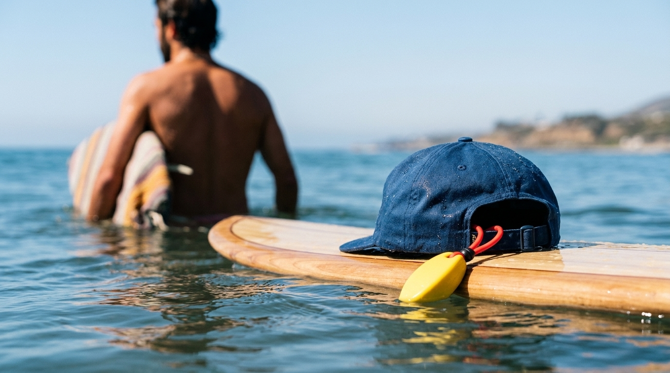 A person with a beard walking in the ocean holding a surfboard, with a blue cap and yellow float attached to it resting on the water.