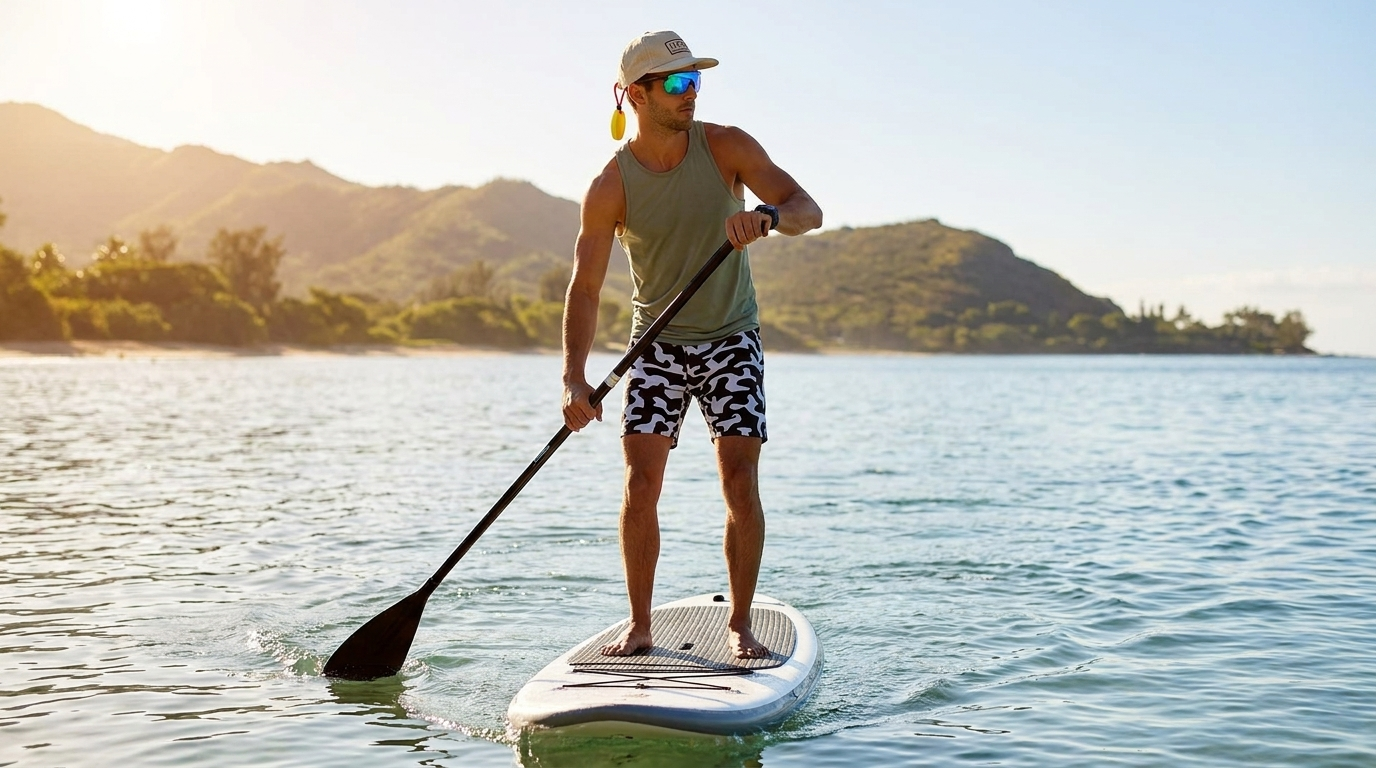 A man standing on a paddleboard on a lake, holding a paddle, wearing sunglasses, a hat, a sleeveless shirt, and patterned shorts, with mountains in the background.