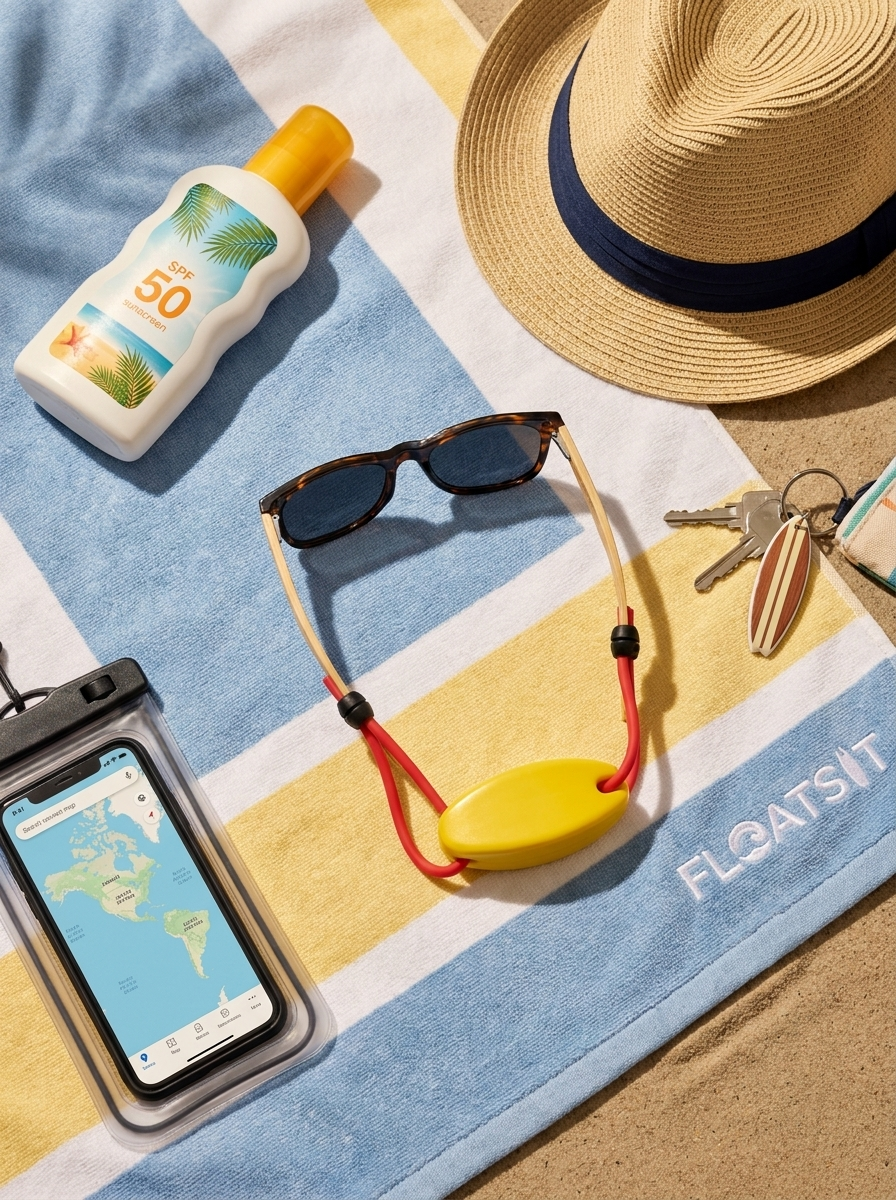 Beach towel with sunglasses, a refillable water bottle with SPF 50 sunscreen, a wide-brimmed straw hat with a navy ribbon, a smartphone in a waterproof case showing a world map, a set of keys with a striped keyring, and a small zippered pouch.