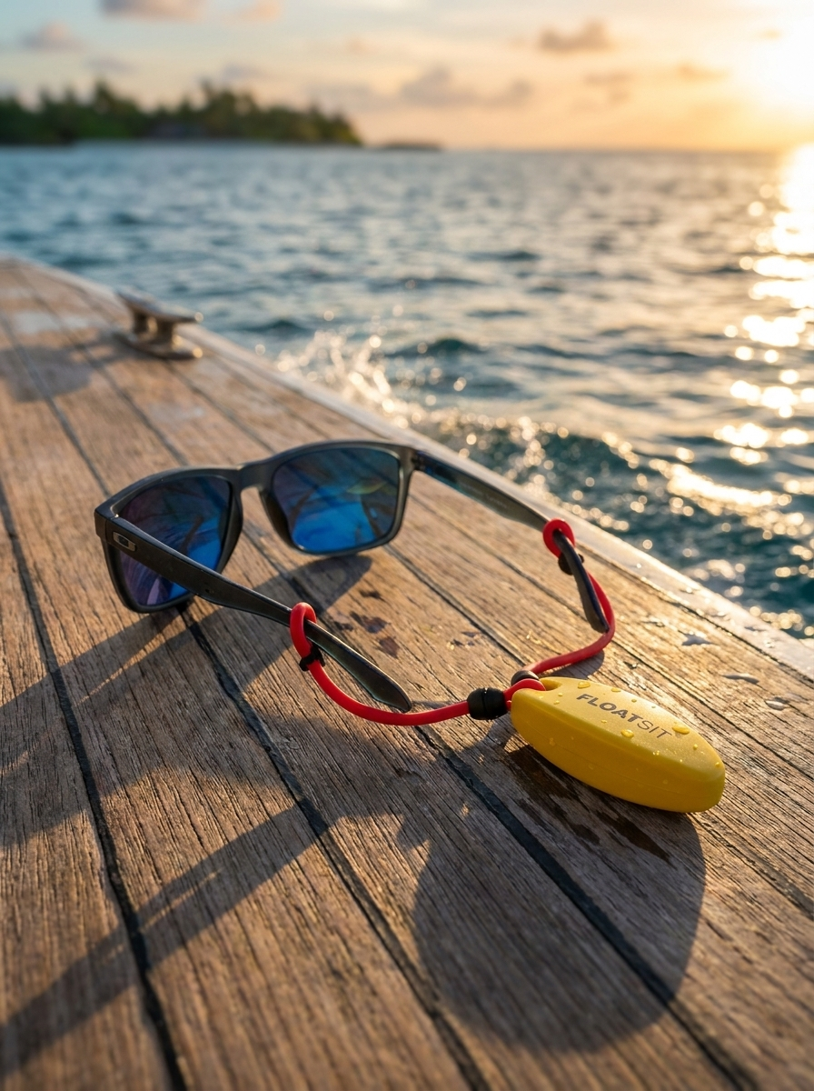 Sunglasses with a yellow float attached resting on a wooden dock by the water during sunset.