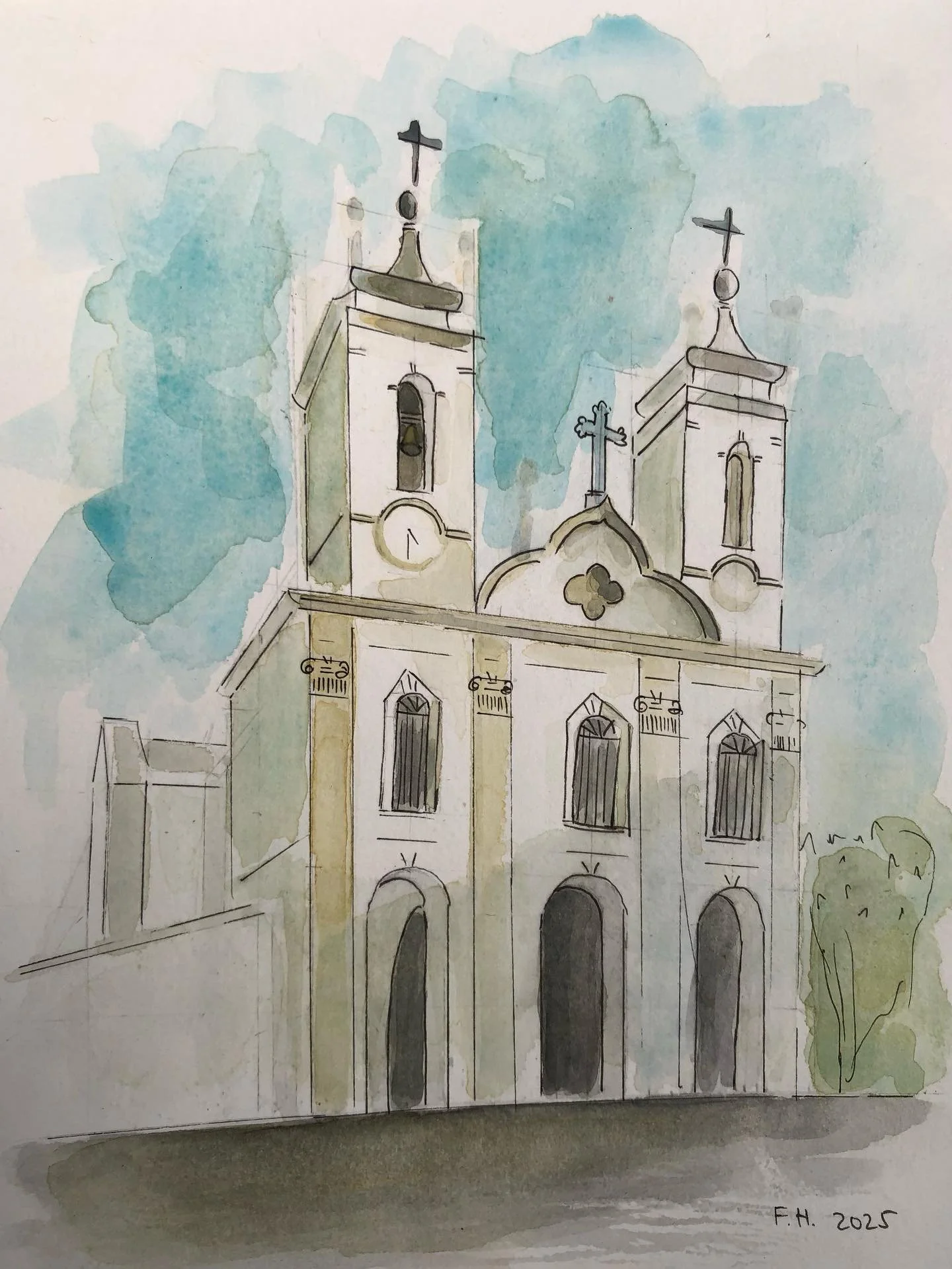&bdquo;Igreja de Santa Quit&eacute;ria de Meca&ldquo; 2025, watercolour on paper, 14,8 x 21 cm

art work for the wedding of 
@sacramento_i1_calice 
@saralourenco24
❤️

.
.
.
.

#stilllebenmalerei #watercolourpainting #painting #art  #art_seeking #ins
