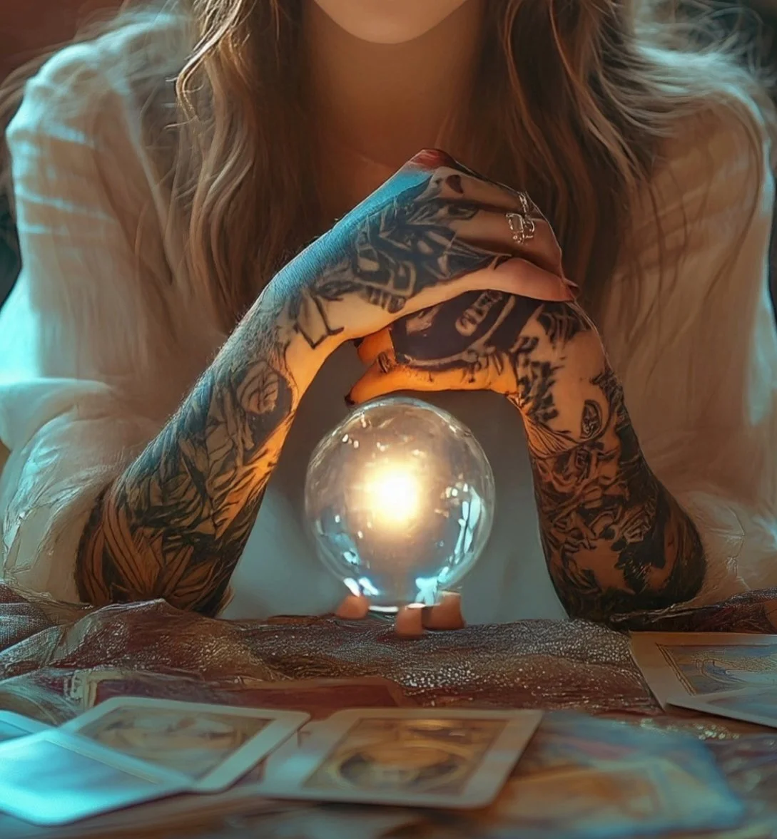 A woman with tattoos on her arms holding a glass sphere, with tarot cards and photographs laid out on a table in front of her.