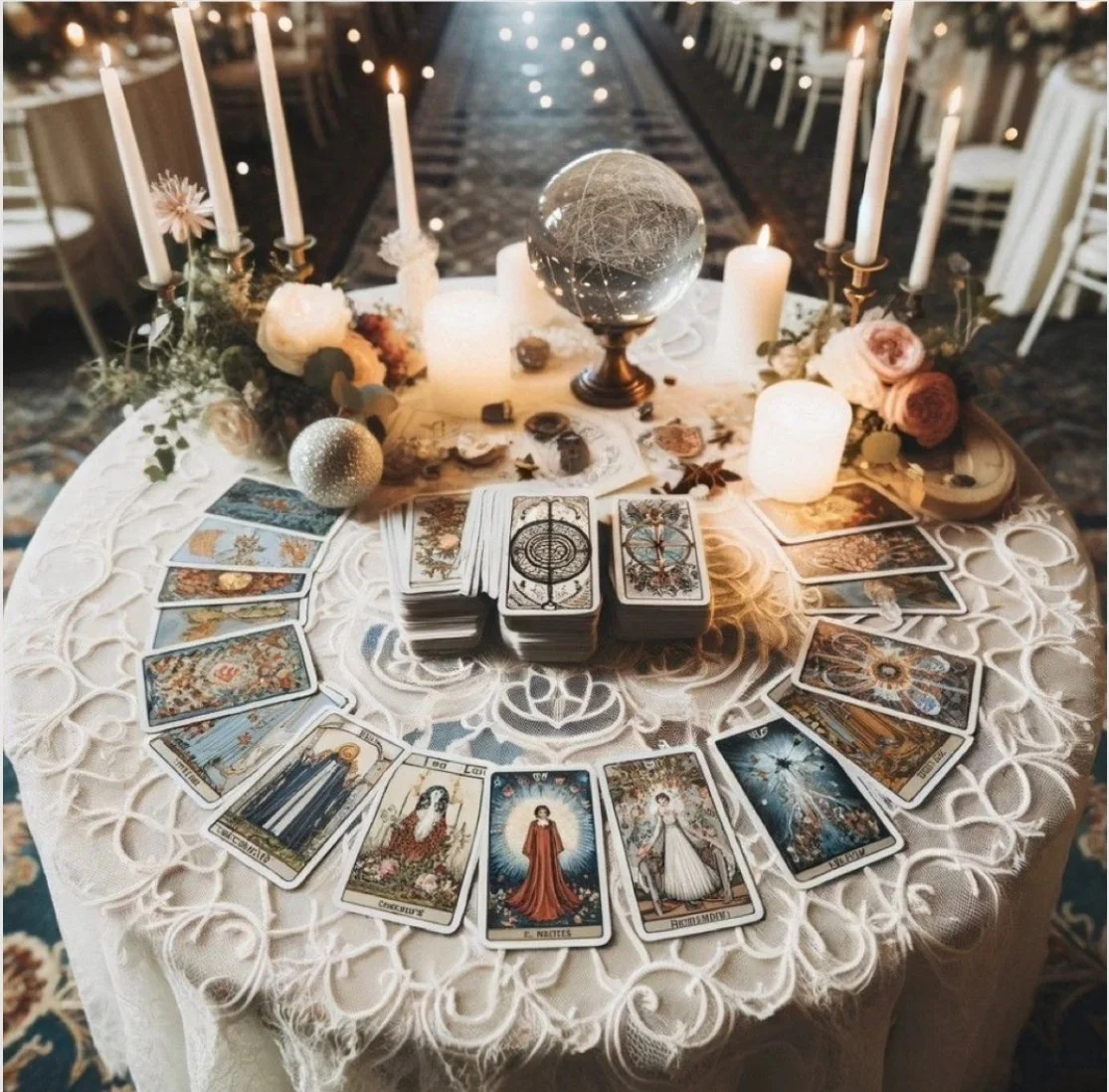 A tarot card reading setup with tarot cards laid out in a circle on a elegant lace-covered table. The table has flowers, candles, and decorative objects including a globe and a crystal ball. There are chairs around the table in a dimly lit room.