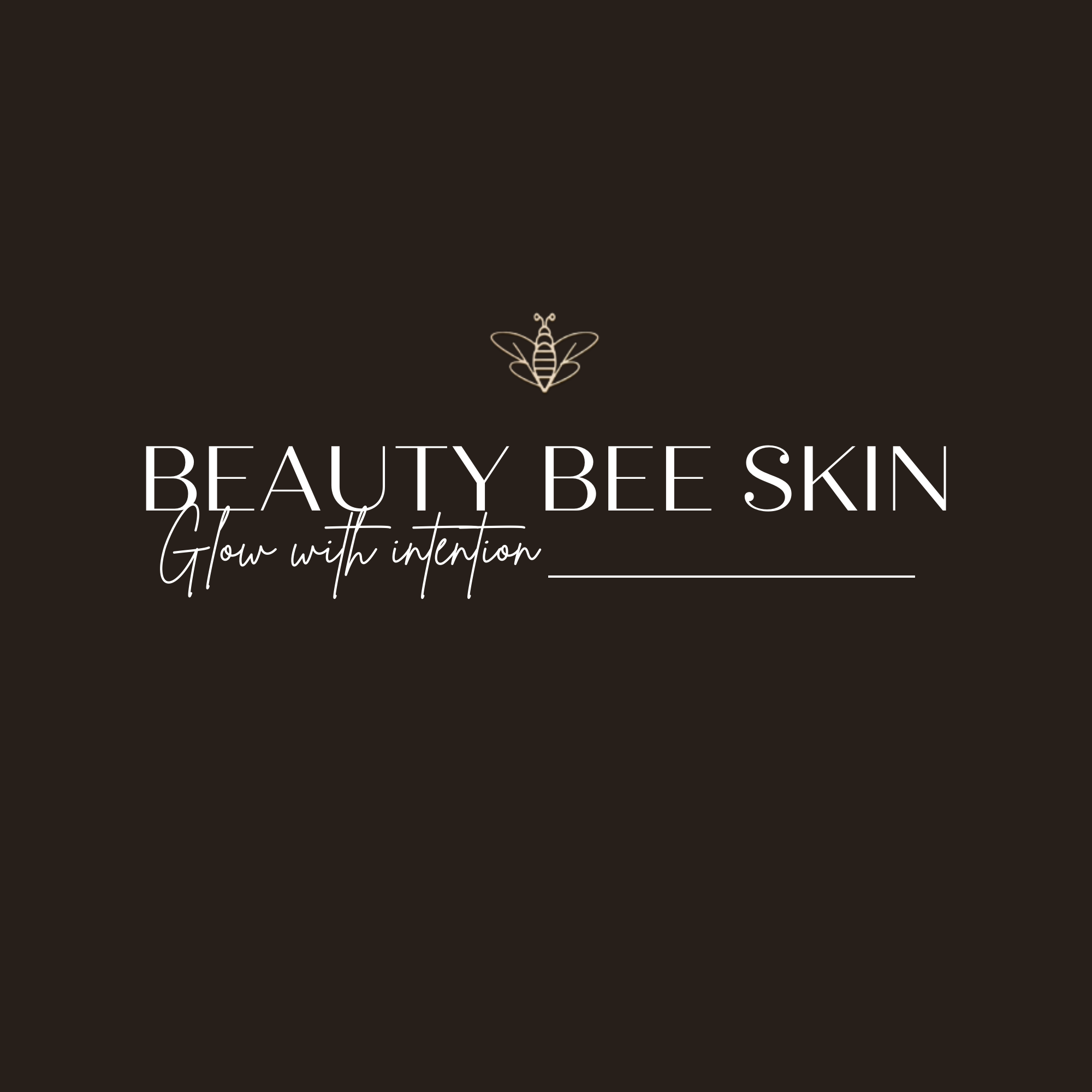 Logo for Beauty Bee Skin with a bee icon and the text 'Glow with intention' underneath, on a dark background.
