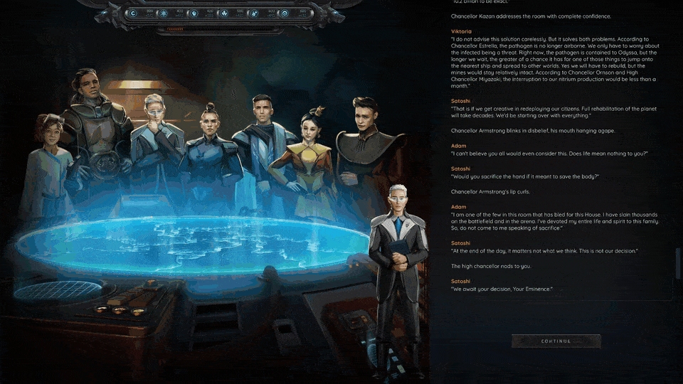 Futuristic room with seven characters standing behind a glowing blue holographic table, engaged in a serious discussion, with dialogue text on the right side of the image.