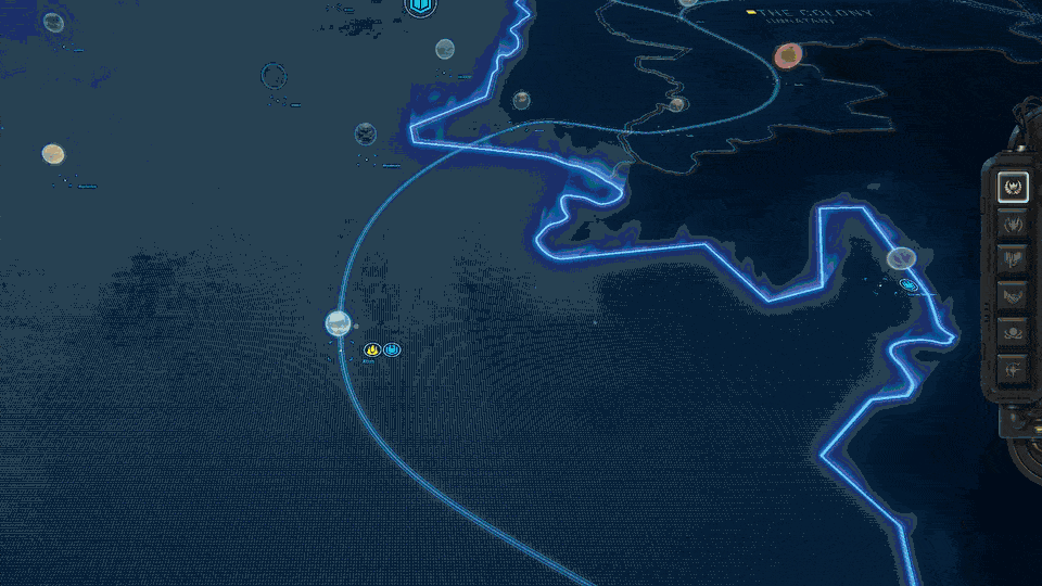 A digital map displaying a weather or radar interface with a focus on a coastal area, showing various icons and a lightning bolt symbol.
