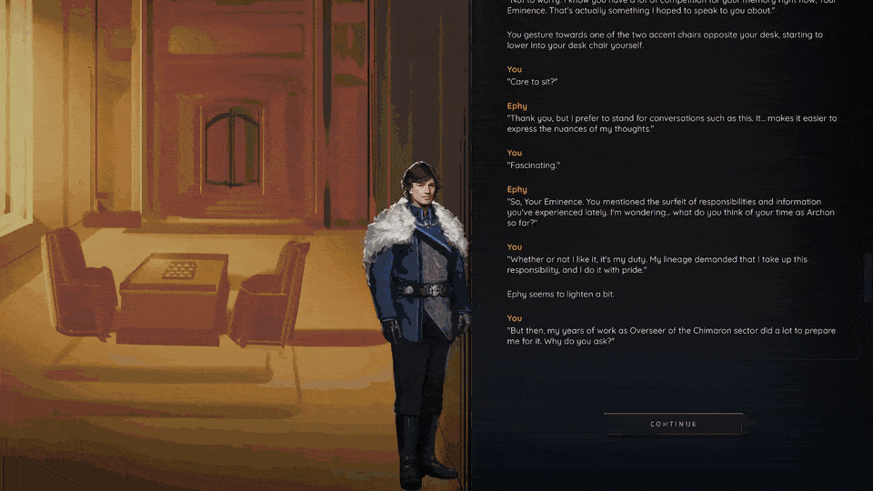 A digital scene shows a woman in a blue uniform with a white fur collar standing in a room with warm lighting, wooden furnishings, and a laptop on a small table. To her right, a chat window displays a conversation about responsibilities and experiences.