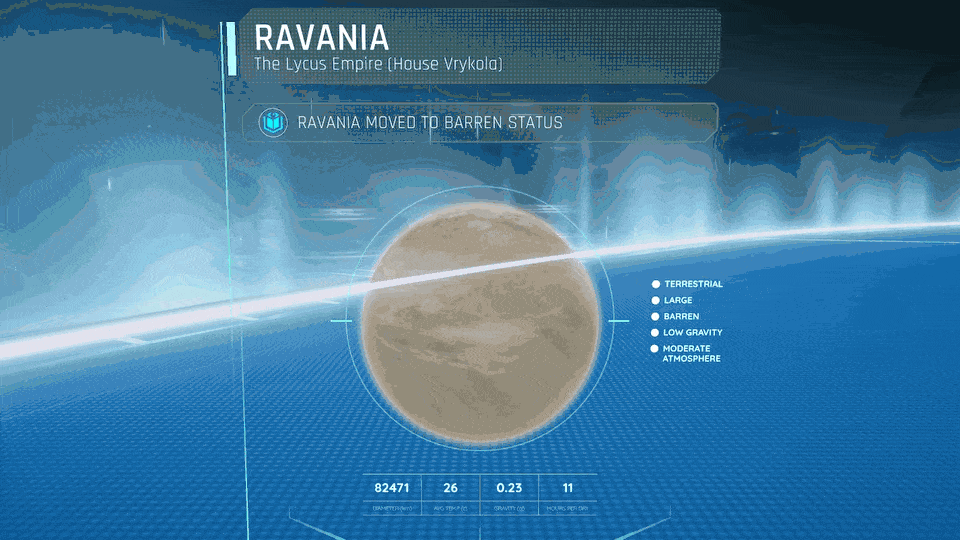Futuristic digital display showing planet Ravania from the Lycus Empire, indicating it is a large, barren, terrestrial planet with low gravity and a moderate atmosphere, and that it has moved to barren status.