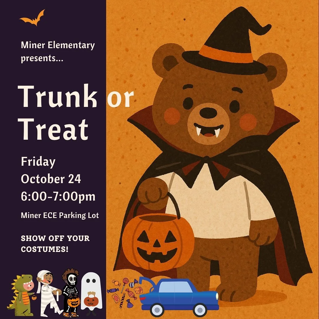 🎃🚗✨ Trunk-or-Treat is returning to Miner! On Friday, Oct 24, our parking lot will transform as families and staff deck out their trunks, line them up, and pass out candy. Kids can dress up, collect treats, and celebrate together in a safe, festive 