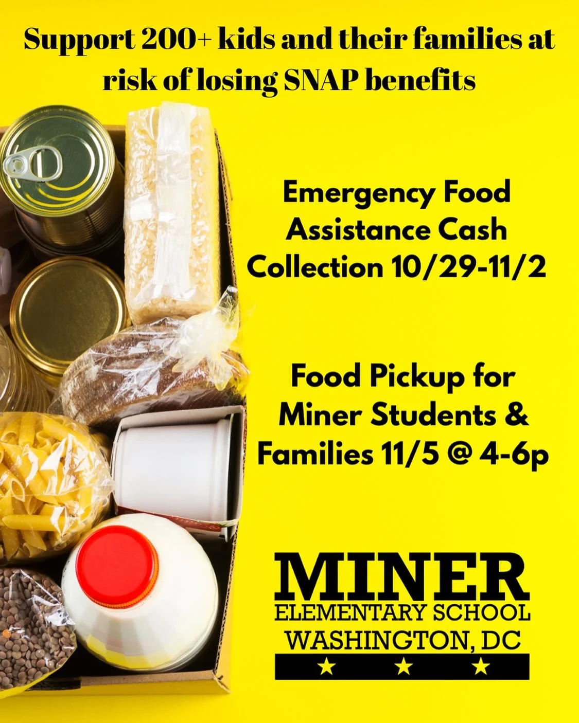 We know many in our community are anxious about the government shutdown and its impact on SNAP benefits. With ~65% of Miner students relying on or eligible for SNAP, we want to make sure no family faces food insecurity.

The Miner PTO is raising fund