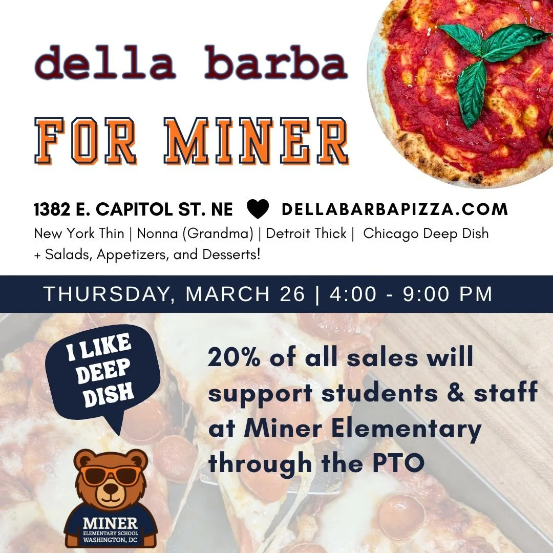 🍕 Mark your calendars: THIS THURSDAY, @dellabarbapizza will donate 20% of sales back to Miner. Order from DB and support our community 💙🐻
