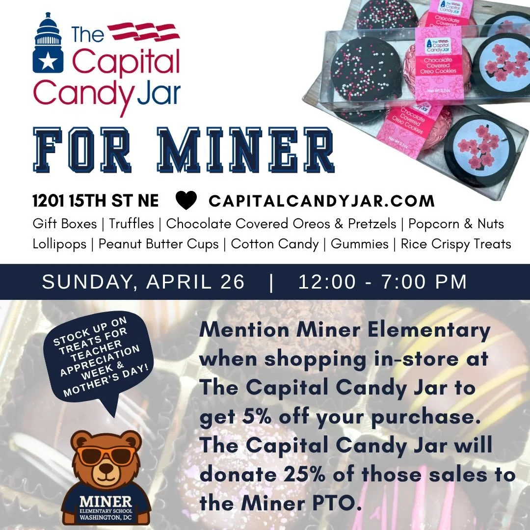 🍭 Sunday is Miner&rsquo;s Giveback Day at The Capital Candy Jar! 

Looking for a sweet way to support Miner? Stop by @capitalcandyjar this Sunday, April 26 from 12-7p for our giveback day! 201 15th St NE

It&rsquo;s a great chance to treat your fami