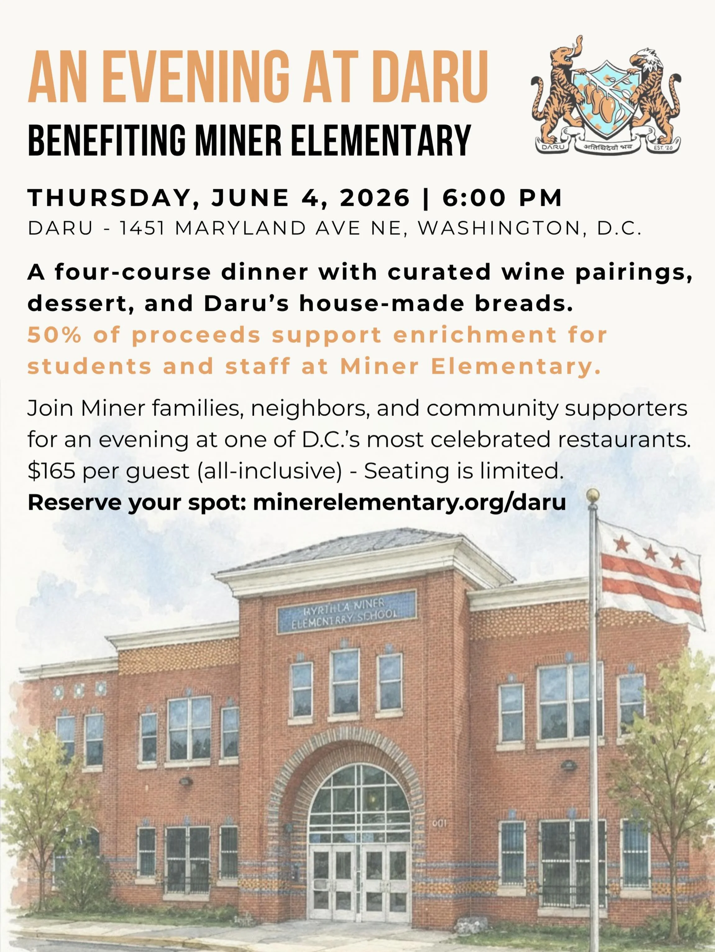 Enjoy a night of delicious food and drink @daru.dc on June 4, and join us for our last fundraising event of the year! Thank you so much to the Daru team for your collaboration on this very special evening - please share with friends and neighbors! Vi