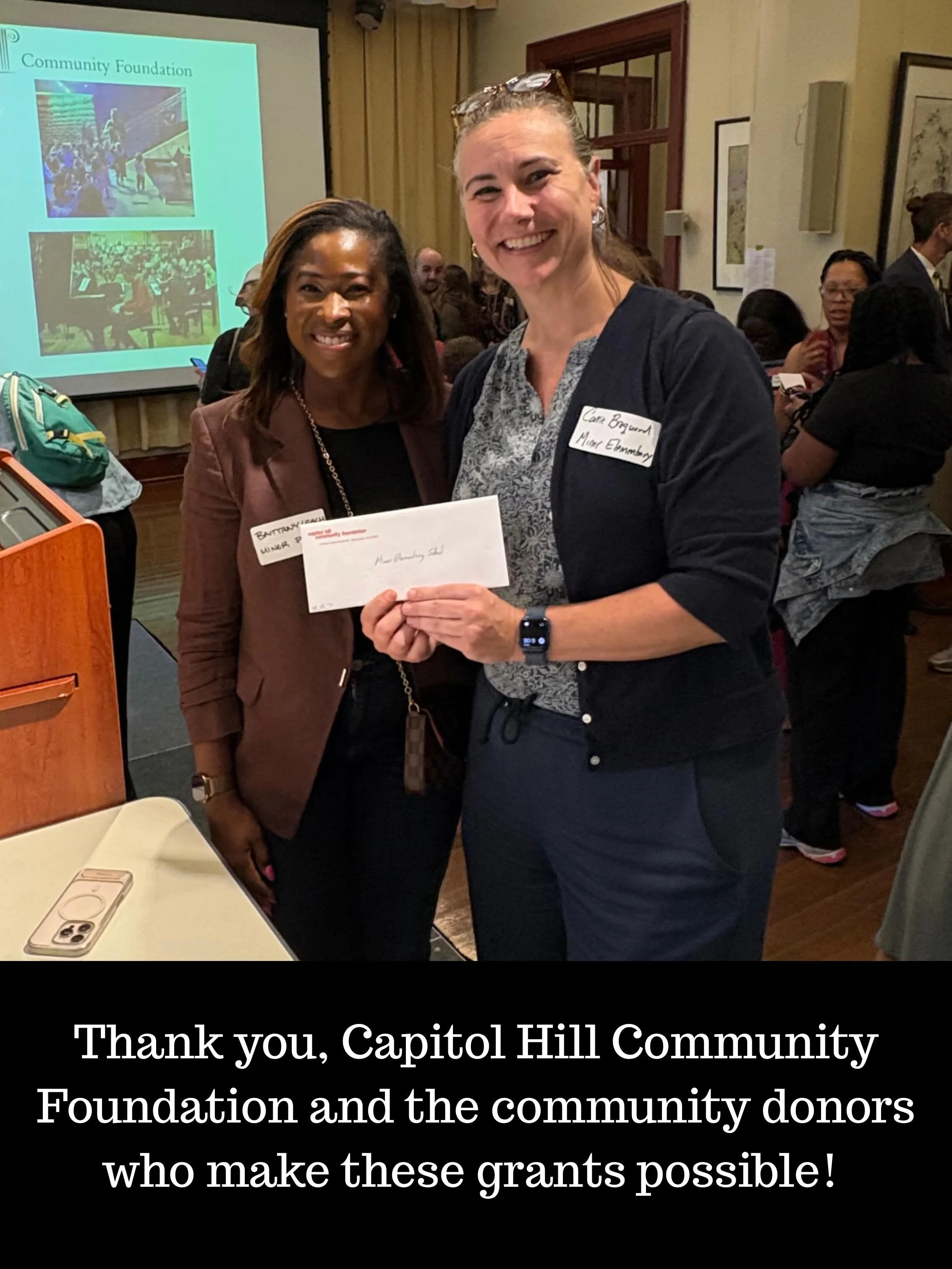 This spring, we had the privilege of applying for three grants from @caphillfound &mdash; and today, our principal, Dr. Broquard, along with several Miner parents/PTO representatives got to pick up a check for each one at the grant day reception 🎉 (