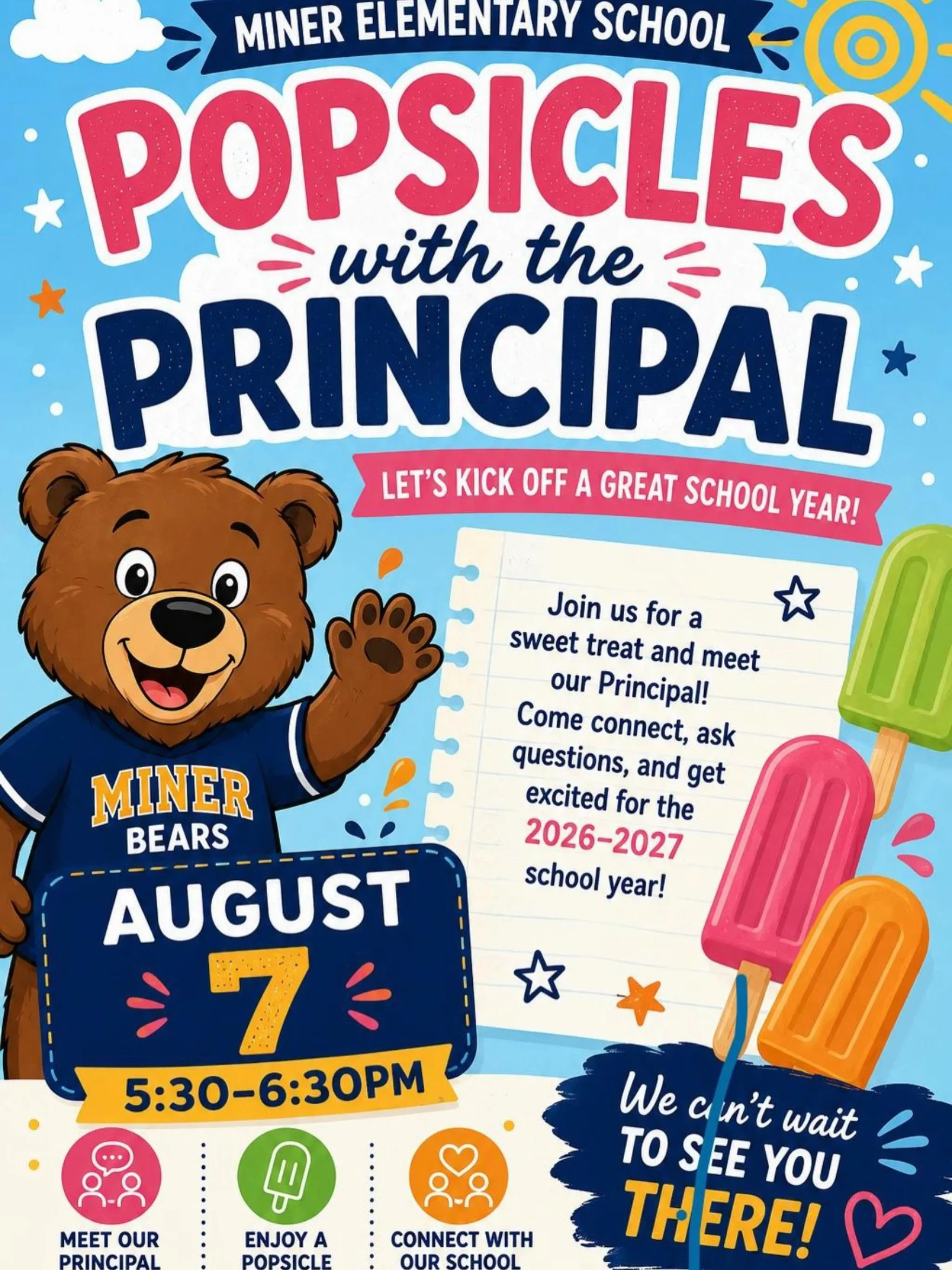 Join us this Friday, August 7th, for Popsicles with the Principal! This is the perfect opportunity to connect and ask questions while enjoying a sweet treat! 

We can&rsquo;t wait to see you! 💙