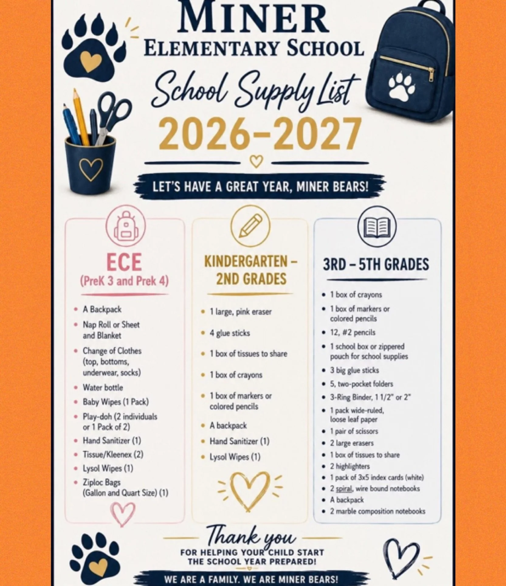Miner Families,

The 2026&ndash;2027 School Supply List is here! Having these items on the first day of school helps ensure our students are ready for a successful start to the year.

Thank you for your continued support! We can&rsquo;t wait to welco