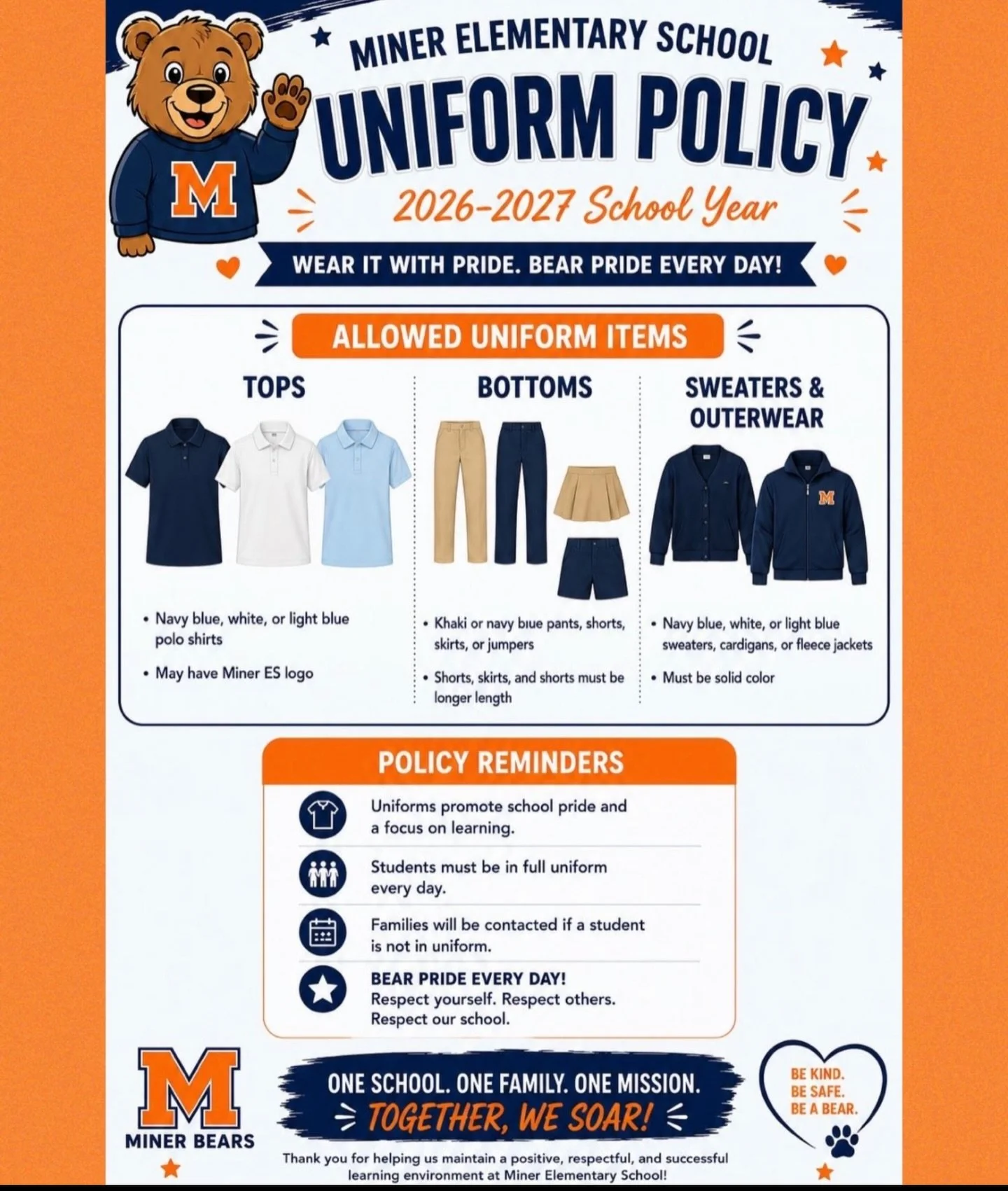 🐻💙🧡 Miner Families,
Please review our 2026&ndash;2027 Uniform Policy as you prepare for the new school year! Consistent uniforms help promote school pride and keep our students focused on learning.

Thank you for partnering with us to ensure every