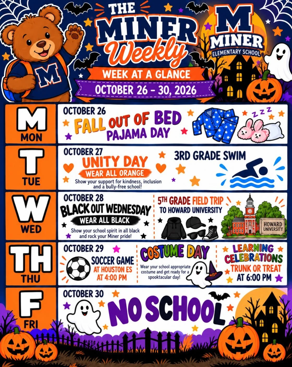 🎃👻🐻 It&rsquo;s Halloween Spirit Week at Miner ES! 💙🧡

Get ready for a SPOOKTACULAR week filled with school spirit, fun, and exciting activities! From Pajama Day to Unity Day, Blackout Wednesday, and Costume Day, our Miner Bears are ready to show