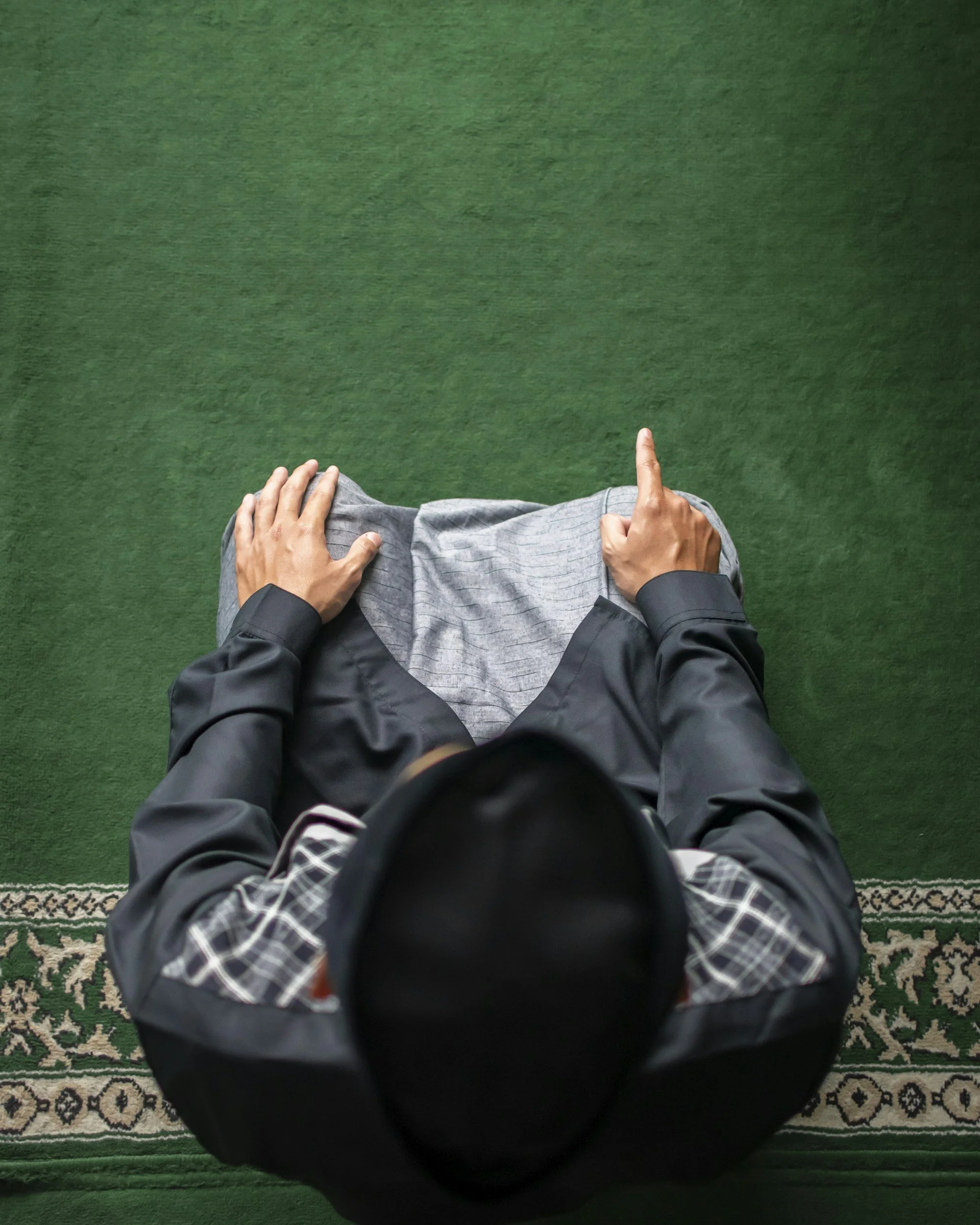 From a top-down perspective, two hands rest on a person dressed in a gray pinstripe suit, who is pointing upward with their right hand. The person is sitting on a patterned rug with a large green carpet in front of them.
