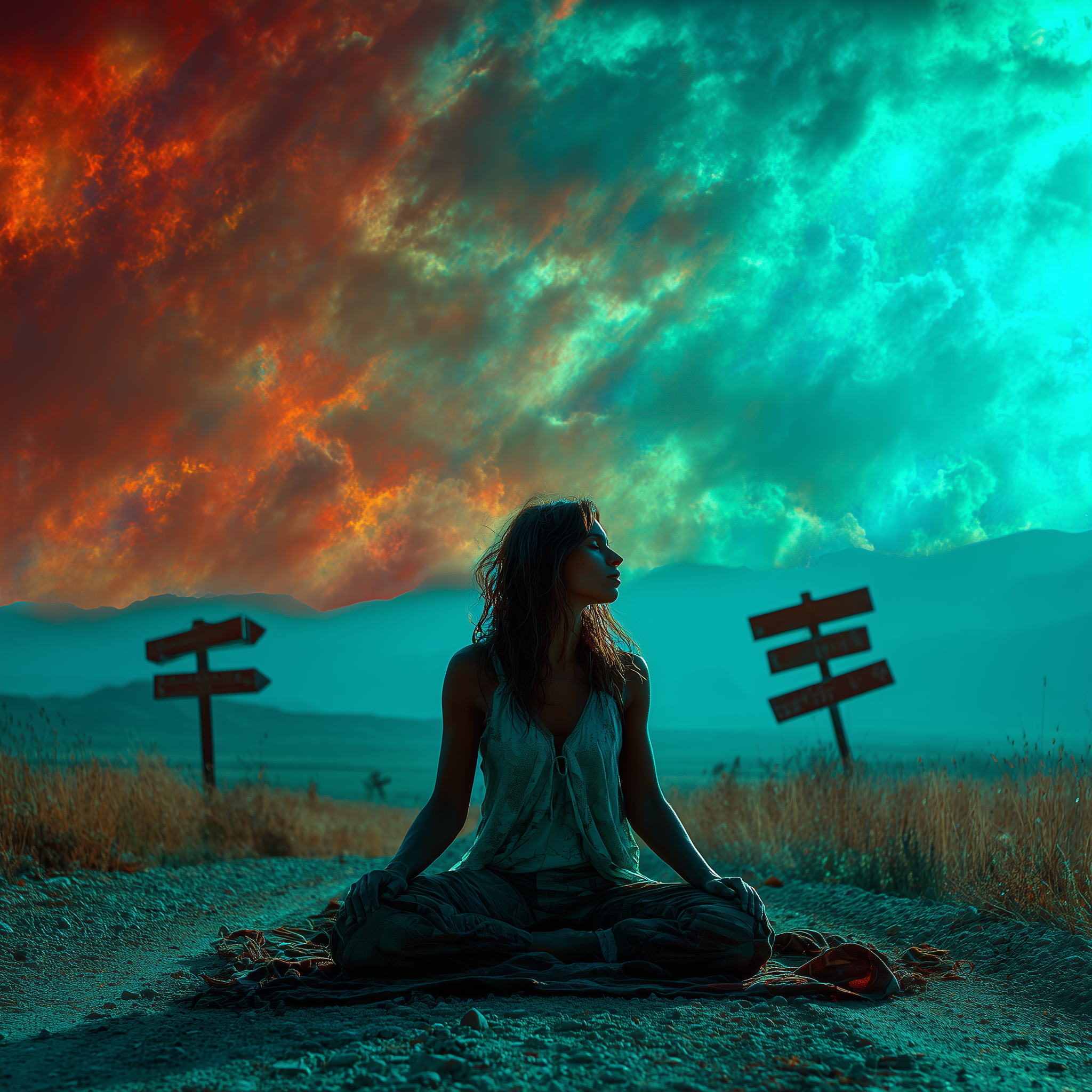 A woman sits at a crossroads under a dramatic sky, surrounded by signs pointing in multiple directions—capturing the essence of grief, choice, and uncertain transitions.