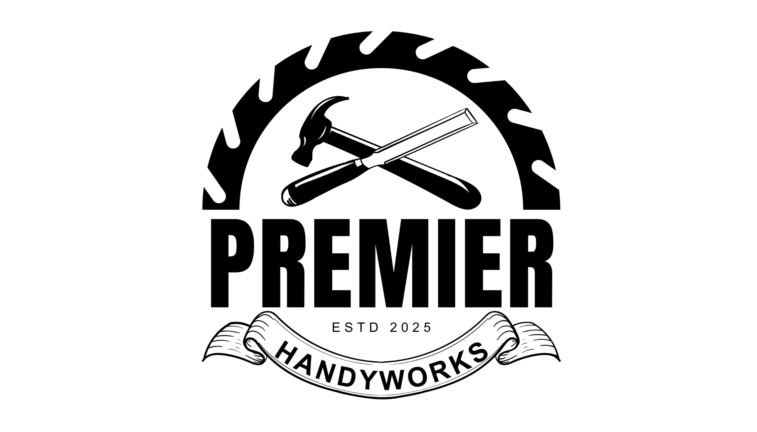 A black and white logo featuring a hammer and screwdriver crossed above the word "PREMIER" with a saw blade encircling the top, and a ribbon banner below with the words "HANDYWORKS" and "ESTD 2025".