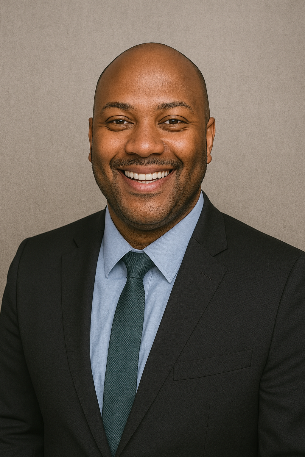 Headshot of a smiling African American man wearing a black suit, light blue dress shirt, and a dark green tie, with a neutral background.