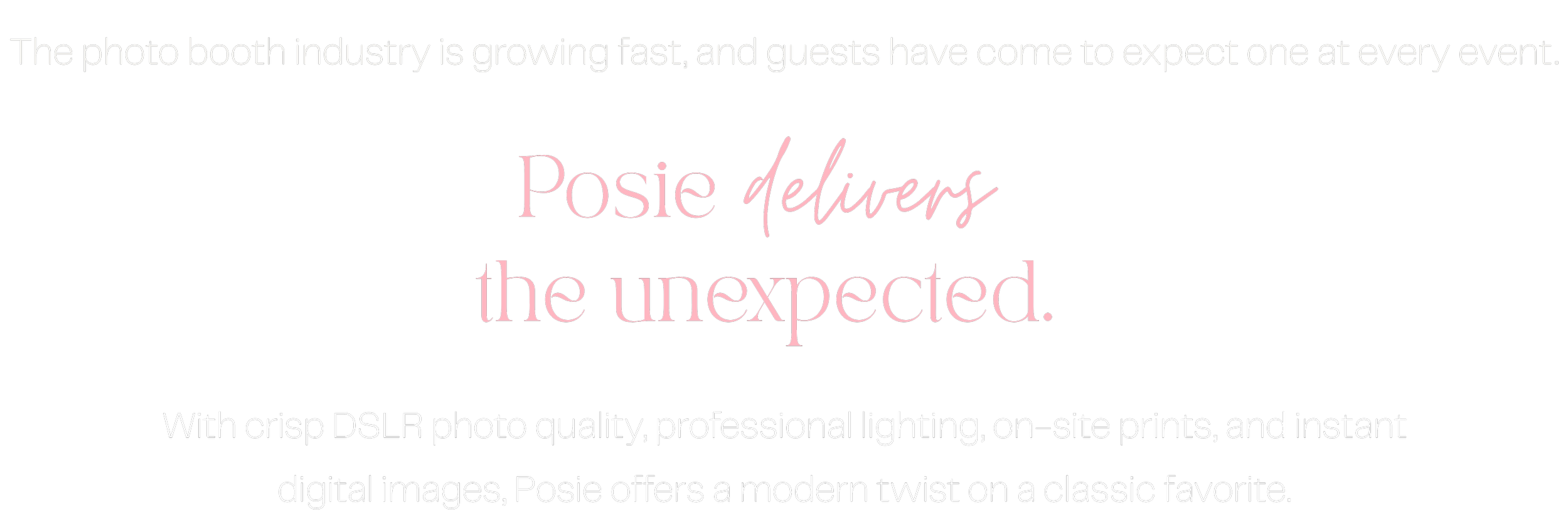 Black background with white and pink text about the growth of the photo booth industry and Posie delivers. The text mentions professional quality photography, on-site prints, digital images, and a modern twist on a classic.
