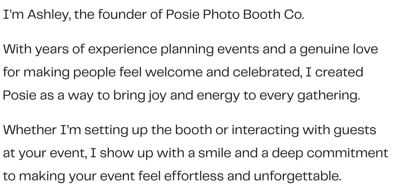 Screenshot of Ashley's introduction to Posie Photo Booth Co, describing her experience and dedication to making events memorable.
