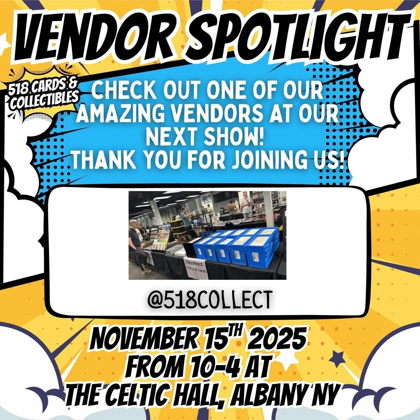 💥 Vendor Spotlight: 518Collect! 💥
We&rsquo;re excited to have 518Collect joining us at the 518 Cards &amp; Collectibles Show!

They&rsquo;ve got an awesome mix of comics, collectibles, and all kinds of cool finds &mdash; perfect for fans of superhe