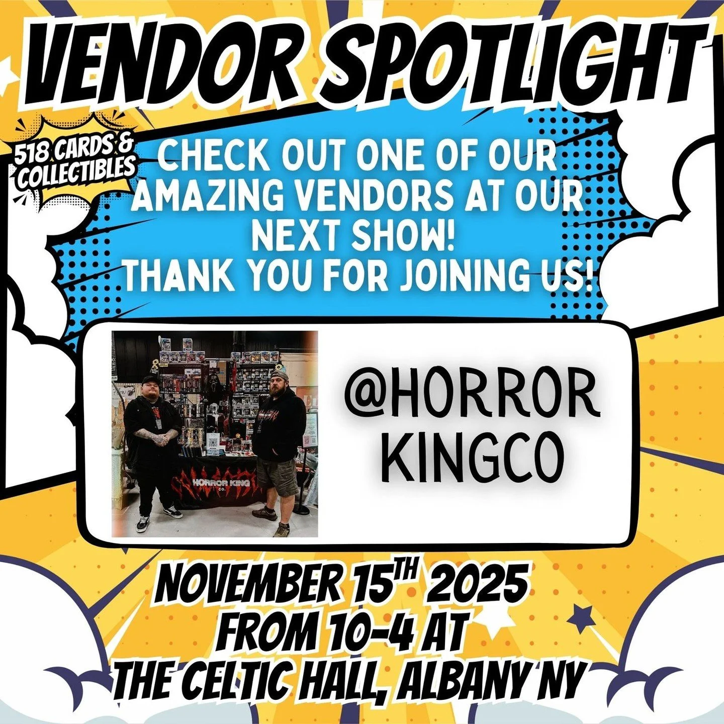 💀 Vendor Spotlight: Horror King Co. 💀
We&rsquo;re thrilled to welcome Horror King Co. to the 518 Cards &amp; Collectibles Show!

They specialize in horror-themed collectibles, Funko Pops, VHS tapes, and unique merch that&rsquo;s perfect for every h